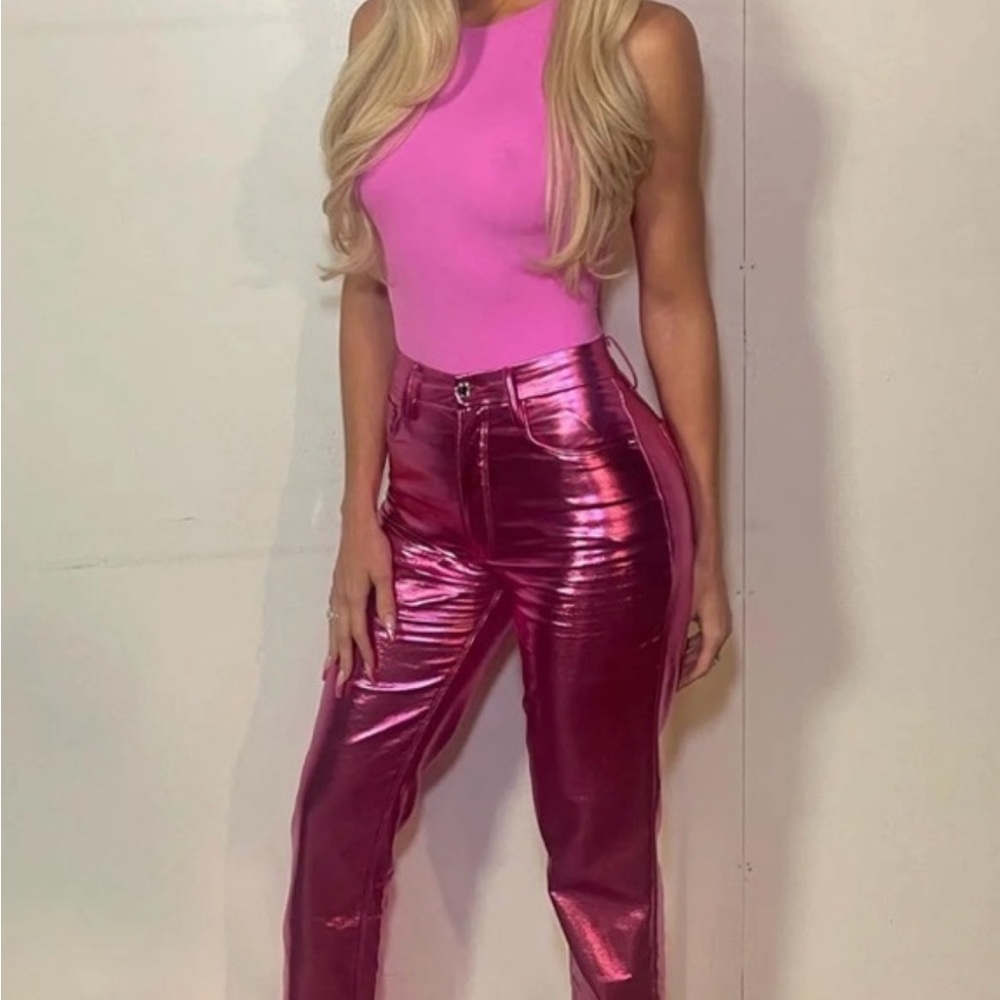 Good American Good Icon Metallic Faux Leather Pants - Pink Metallic - Never Worn